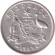 Монета 6 пенсов. 1959 год, Австралия. Монета 6 пенсов. 1959 год, Австралия.
