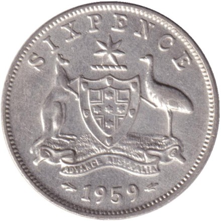 Монета 6 пенсов. 1959 год, Австралия.