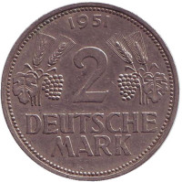 Монета 2 марки. 1951 год (F), ФРГ.