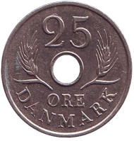 Монета 25 эре. 1966 год, Дания. (Новый тип). Монета 25 эре. 1966 год, Дания. (Новый тип).