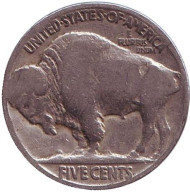 Монета 5 центов. 1920 год (P), США. Бизон. Индеец. Монета 5 центов. 1920 год (P), США. Бизон. Индеец.