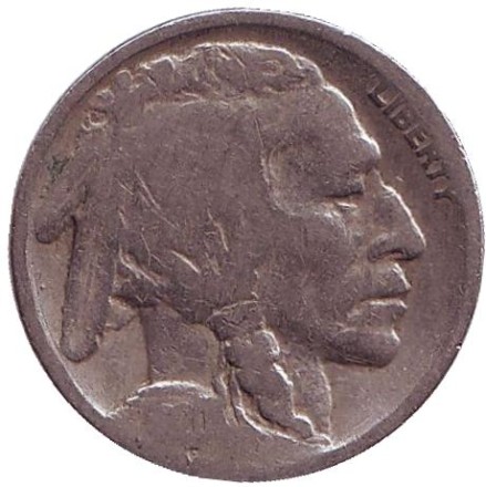 Монета 5 центов. 1920 год (P), США. Бизон. Индеец. Монета 5 центов. 1920 год (P), США. Бизон. Индеец.