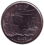 Монета 25 центов (D). 2003 год, США. Мэн. Штат № 23. Монета 25 центов (D). 2003 год, США. Мэн. Штат № 23.