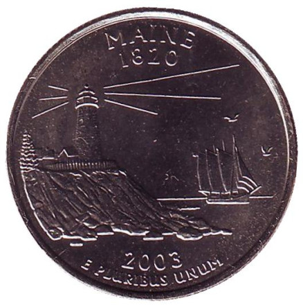 Монета 25 центов (D). 2003 год, США. Мэн. Штат № 23.