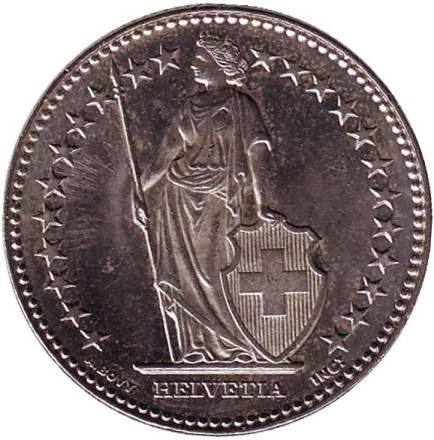 Монета 2 франка. 2014 год, Швейцария. Гельвеция. Монета 2 франка. 2014 год, Швейцария. Гельвеция.