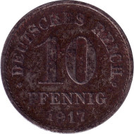 Монета 10 пфеннигов. 1917 год (G), Германская империя. (Железо) Монета 10 пфеннигов. 1917 год (G), Германская империя. (Железо)