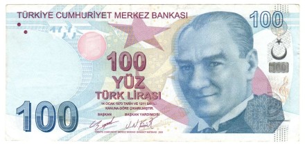 Банкнота 100 лир. 2009 год, Турция. Мустафа Кемаль Ататюрк. Тип 226d. (VF)