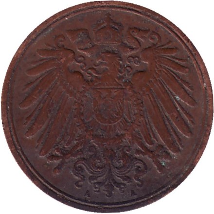Монета 1 пфенниг. 1899 год (А), Германская империя. Монета 1 пфенниг. 1899 год (А), Германская империя.