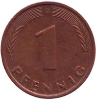 Монета 1 пфенниг. 1985 год (D), ФРГ. Дубовые листья. Монета 1 пфенниг. 1985 год (D), ФРГ. Дубовые листья.