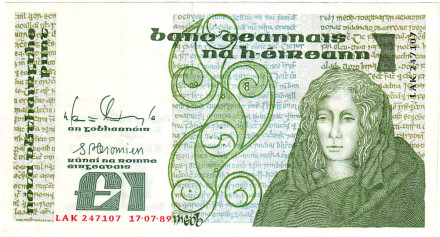 Банкнота 1 фунт. 1989 год, Ирландия. Королева Медб.