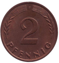 Монета 2 пфеннига. 1963 год (F), ФРГ. Дубовые листья. Монета 2 пфеннига. 1963 год (F), ФРГ. Дубовые листья.