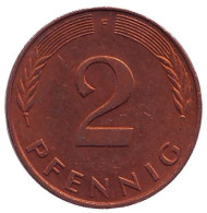 Монета 2 пфеннига. 1985 год (F), ФРГ. Дубовые листья. Монета 2 пфеннига. 1985 год (F), ФРГ. Дубовые листья.