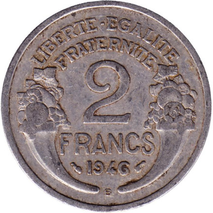 Монета 2 франка. 1946 год (В), Франция.