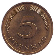 Монета 5 пфеннигов. 1980 год (D), ФРГ. Дубовые листья. Монета 5 пфеннигов. 1980 год (D), ФРГ. Дубовые листья.