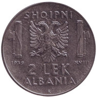 Монета 2 лека. 1939 год, Албания. Магнитная. Монета 2 лека. 1939 год, Албания. Магнитная.