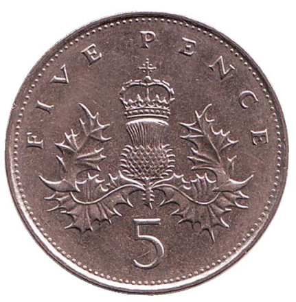 Монета 5 пенсов. 1989 год, Великобритания.