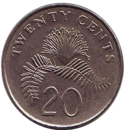 Монета 20 центов. 1996 год, Сингапур. Каллиандра.