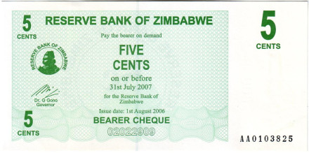 Банкнота 5 центов. 2006 год, Зимбабве. (Чек на предъявителя).