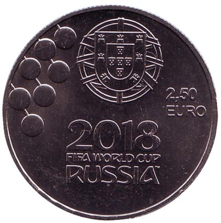Монета 2,5 евро. 2018 год, Португалия. Чемпионат мира по футболу 2018 в России. Монета 2,5 евро. 2018 год, Португалия. Чемпионат мира по футболу 2018 в России.