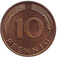 Монета 10 пфеннигов. 1992 год (G), ФРГ. Дубовые листья. Монета 10 пфеннигов. 1992 год (G), ФРГ. Дубовые листья.