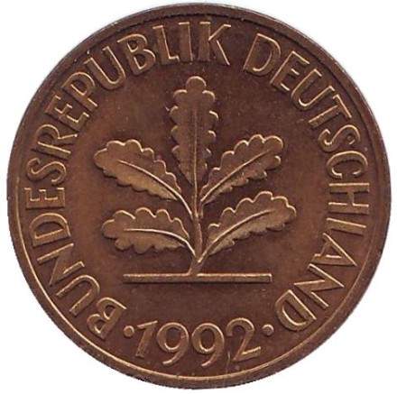 Монета 10 пфеннигов. 1992 год (G), ФРГ. Дубовые листья. Монета 10 пфеннигов. 1992 год (G), ФРГ. Дубовые листья.