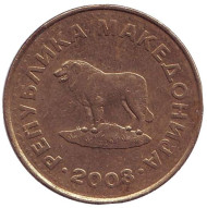 Монета 1 денар. 2008 год, Македония. Из обращения. Пастушья собака. Монета 1 денар. 2008 год, Македония. Из обращения. Пастушья собака.