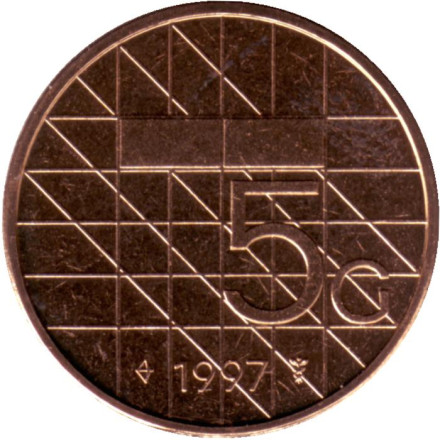 Монета 5 гульденов. 1997 год, Нидерланды. BU.