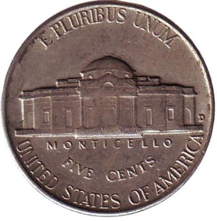 Монета 5 центов. 1958 год (D), США. Джефферсон. Монтичелло. Монета 5 центов. 1958 год (D), США. Джефферсон. Монтичелло.