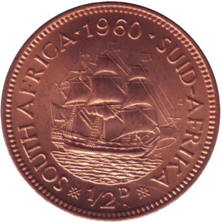 Монета 1/2 пенни, 1960 год, Южная Африка. Корабль "Дромедарис".