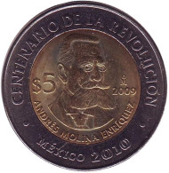 Монета 5 песо. 2009 год, Мексика. 100-летие революции. Андрес Молина Энрикес.