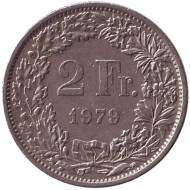 Монета 2 франка. 1979 год, Швейцария. Гельвеция. Монета 2 франка. 1979 год, Швейцария. Гельвеция.