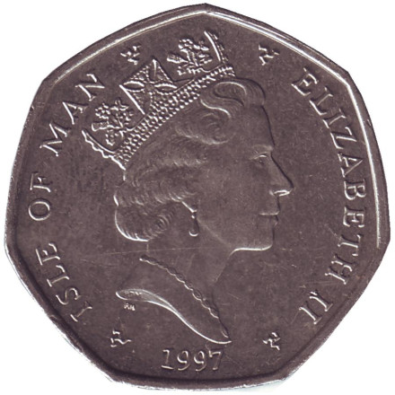 Монета 50 пенсов. 1997 год, Остров Мэн. Мотогонки "Tourist Trophy". (Диаметр - 30 мм).