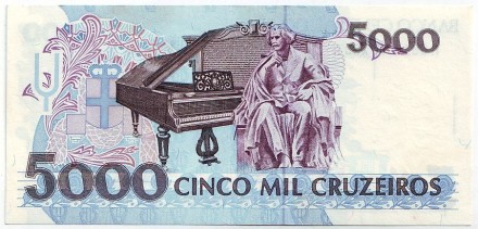 Банкнота 5000 крузейро. 1990-1993 гг., Бразилия. Тип 3. Карлос Гомес. Банкнота 5000 крузейро. 1990-1993 гг., Бразилия. Тип 3. Карлос Гомес.
