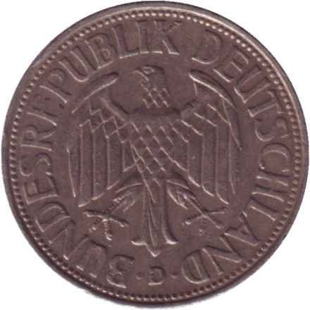 Монета 1 марка. 1961 год (D), ФРГ. Монета 1 марка. 1961 год (D), ФРГ.