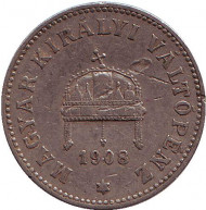 Монета 20 филлеров. 1908 год, Австро-Венгерская империя. Венгерский тип.