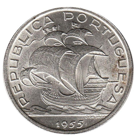 Монета 10 эскудо. 1955 год, Португалия. Парусник.