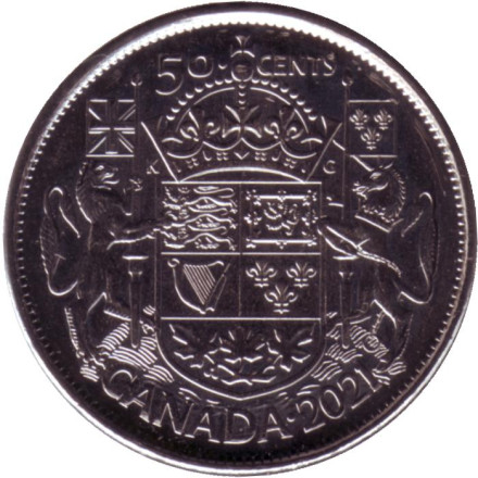 Монета 50 центов. 2021 год, Канада. 100 лет Канадскому гербу.