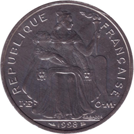 Монета 5 франков. 1998 год, Французская Полинезия.