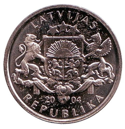Монета 1 лат, 2004 год, Латвия. Гриб.