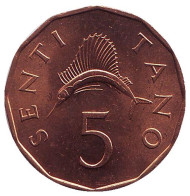 Монета 5 сенти. 1982 год, Танзания. Парусник (рыба).