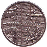 Монета 5 пенсов. 2008 год, Великобритания. Новый тип.