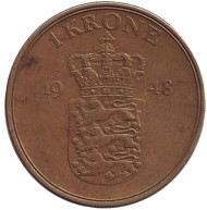 Монета 1 крона. 1948 год, Дания. Монета 1 крона. 1948 год, Дания.
