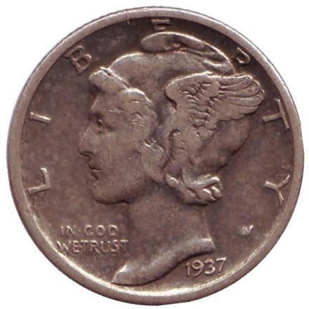 Монета 10 центов. 1937 год, США. Без обозначения монетного двора. Меркурий.