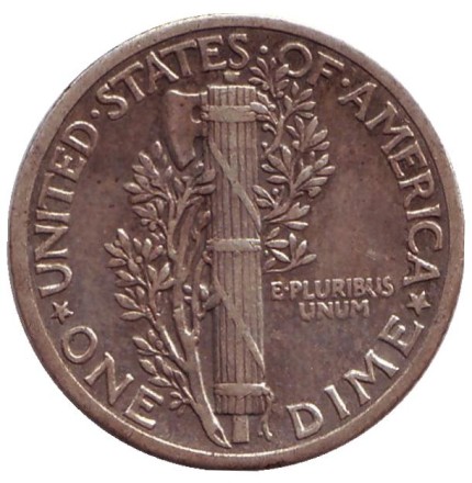 Монета 10 центов. 1937 год, США. Без обозначения монетного двора. Меркурий. Монета 10 центов. 1937 год, США. Без обозначения монетного двора. Меркурий.