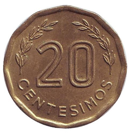 Монета 20 сентесимо. 1977 год, Уругвай. Здание на холме. Монета 20 сентесимо. 1977 год, Уругвай. Здание на холме.
