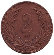 Монета 2 филлера. 1895 год, Австро-Венгерская империя. Венгерский тип. Монета 2 филлера. 1895 год, Австро-Венгерская империя. Венгерский тип.