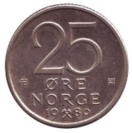 Монета 25 эре. 1980 год, Норвегия. ("AB", без звезды) Монета 25 эре. 1980 год, Норвегия. ("AB", без звезды)
