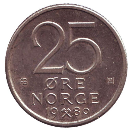 Монета 25 эре. 1980 год, Норвегия. ("AB", без звезды)