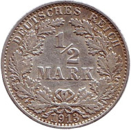 Монета 1/2 марки. 1913 год (A), Германская империя. Монета 1/2 марки. 1913 год (A), Германская империя.