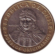 Монета 100 песо. 2010 год, Чили. Из обращения. Индеец Мапуче. Монета 100 песо. 2010 год, Чили. Из обращения. Индеец Мапуче.